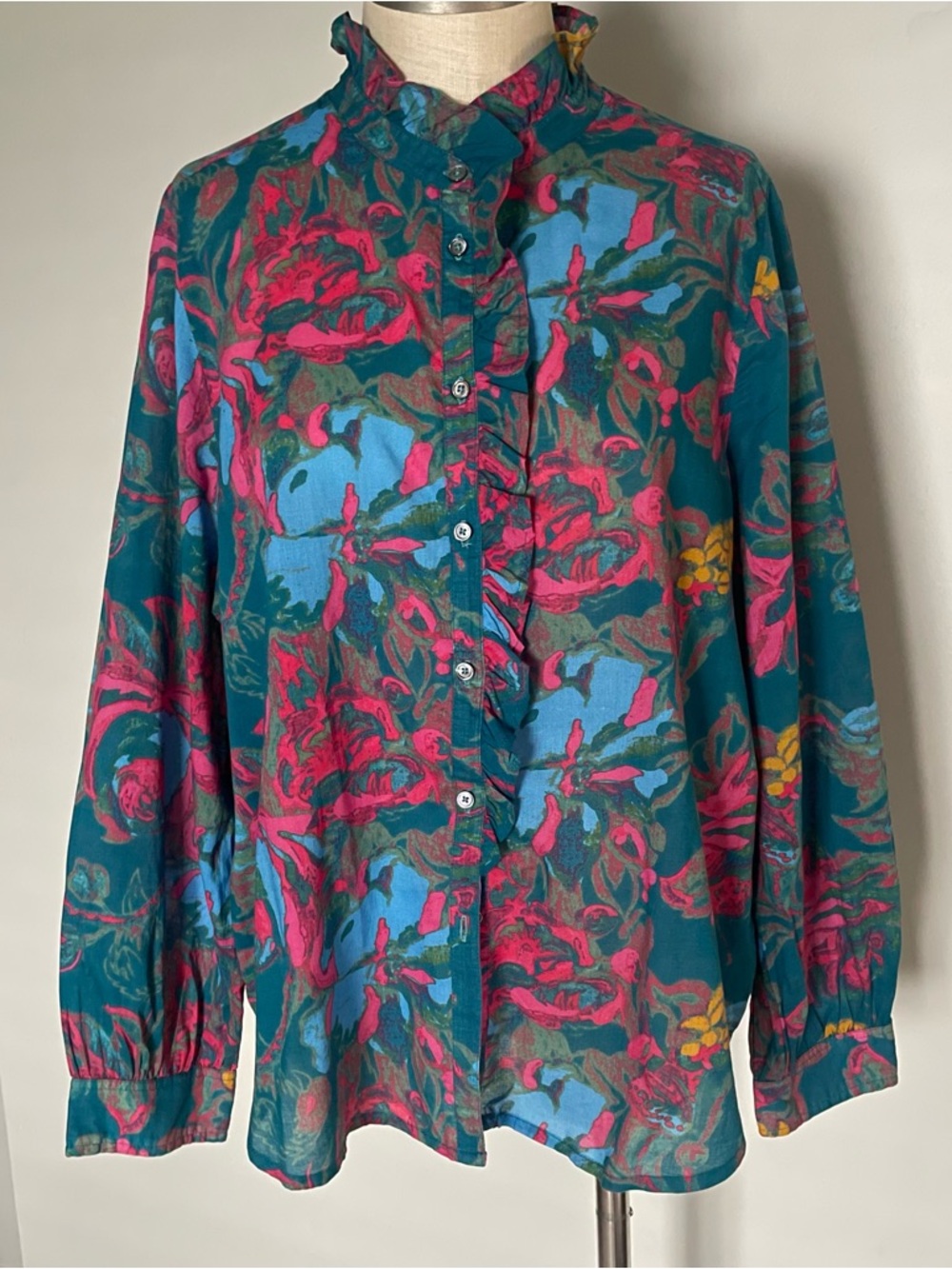 Sundance teal floral ruffle trim button down cotton blouse size L